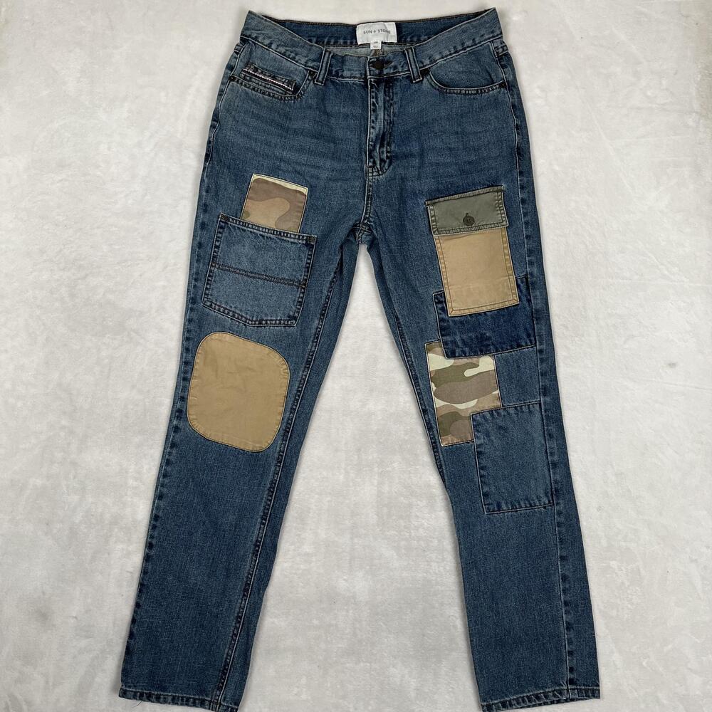 Sun + Stone Jeans Mens 32x30 Blue Tapered Camo Patch Medium Wash Denim